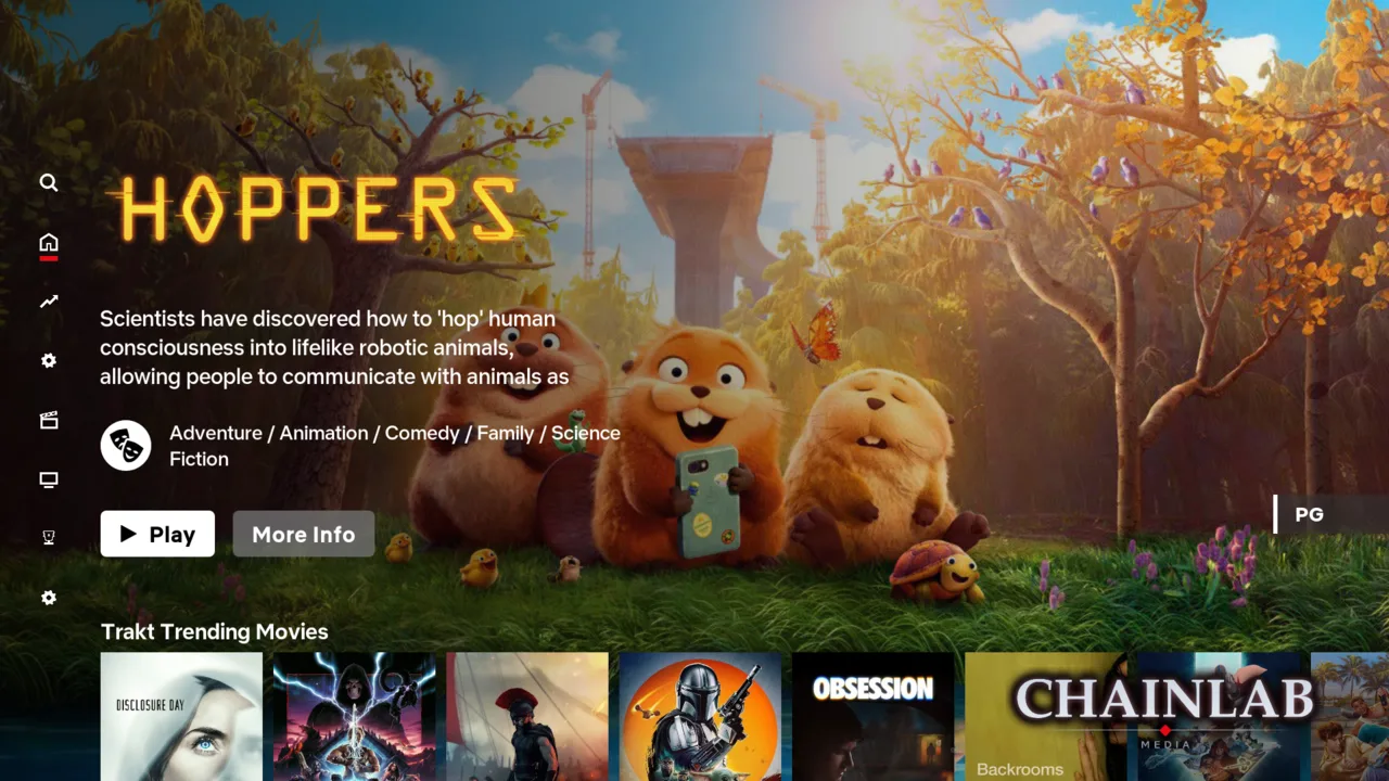 The Chainlab home screen, showing a large featured show with Play and More Info buttons, and a row of movie posters underneath.