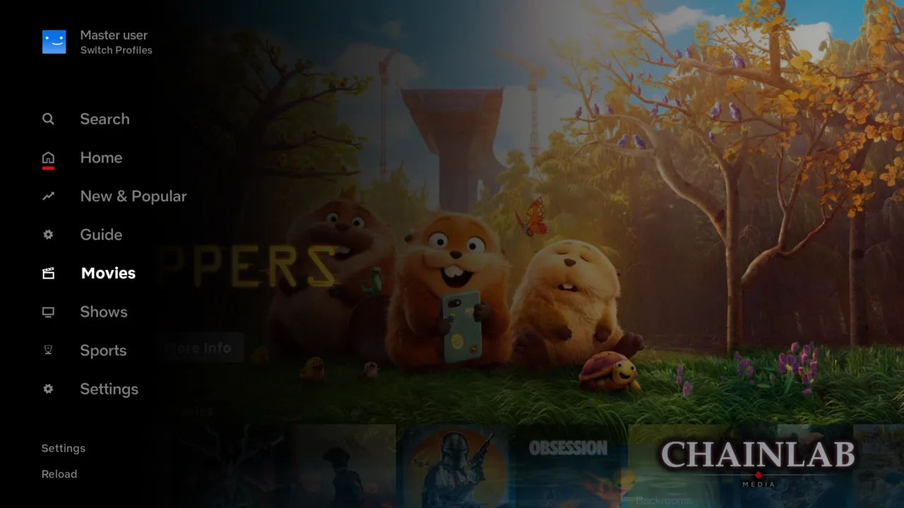 The menu opened out, listing Search, Home, New and Popular, Guide, Movies, Shows, Sports and Settings down the left side of the screen.