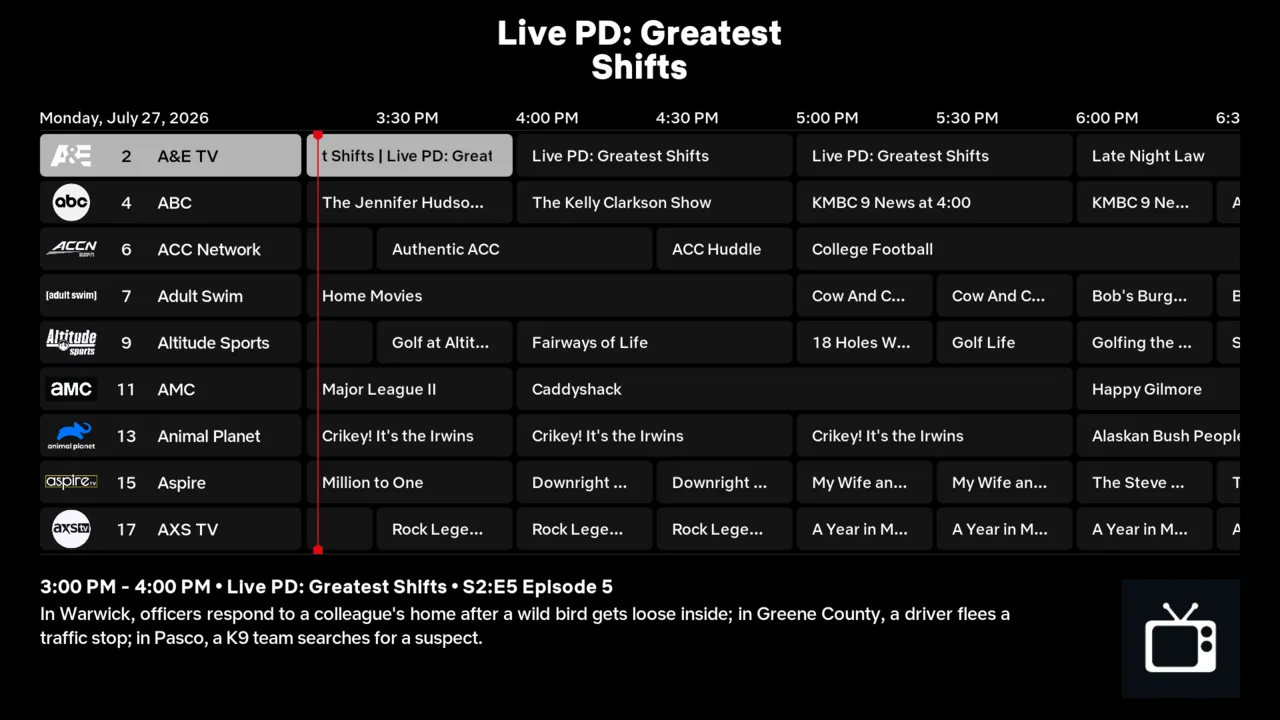 The live TV guide, with channel logos down the left, programme times across the top, and a red line marking the current time.