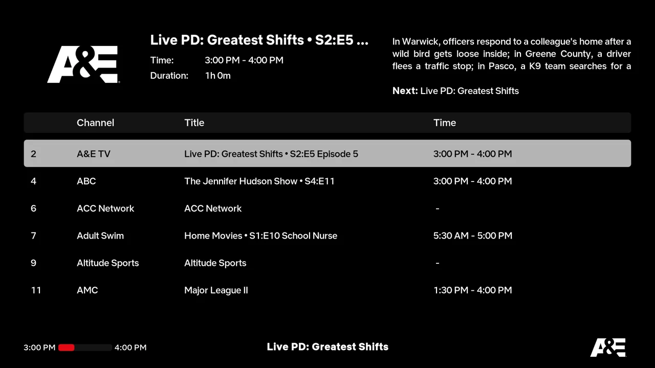 The channel list view, showing all available channels in a simple list.