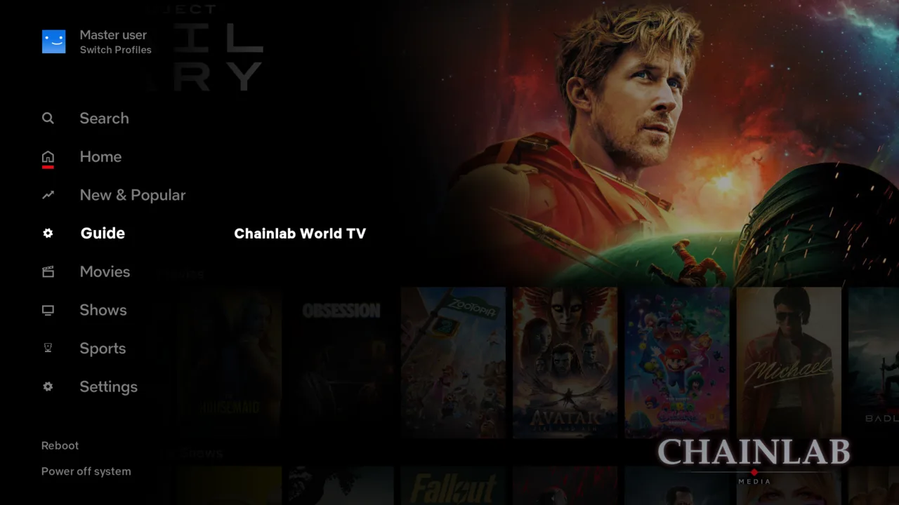 The Guide submenu open, showing Chainlab World TV.