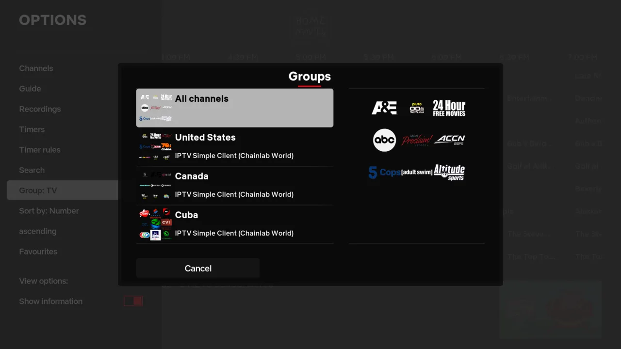 The Groups box, listing All channels plus the countries added through Chainlab World TV - United States, Canada and Cuba.