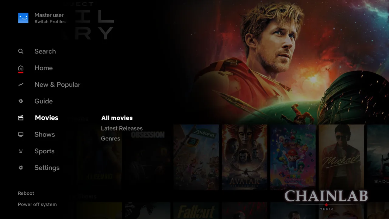 The Movies submenu open, listing All movies, Latest Releases, Recently Added, Genres and Collections.