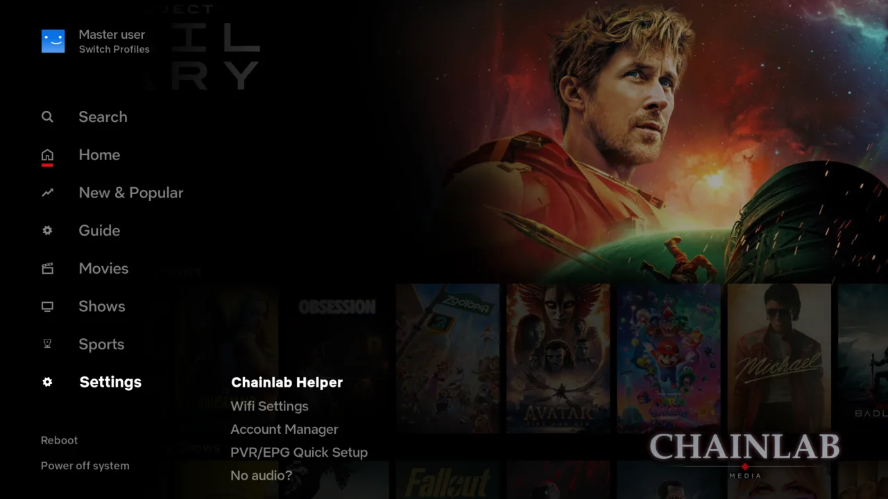 The Settings submenu open, listing Chainlab Helper, Wifi Settings, Account Manager, PVR/EPG Quick Setup and No audio?