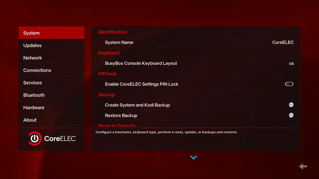 The CoreELEC settings screen as it first opens, showing the System page. Connections is further down the list on the left.