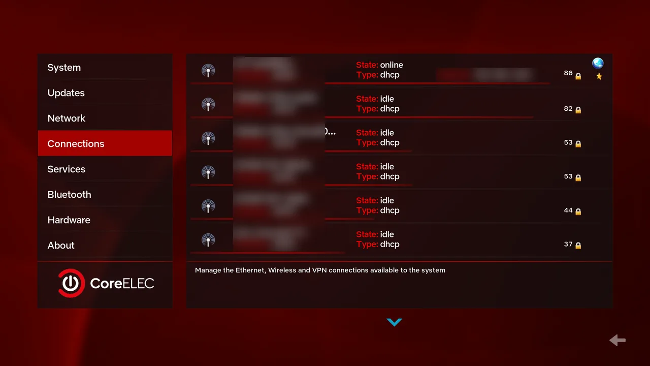 The Connections page, listing nearby wireless networks with their signal strength. Network names are blurred for privacy. The top entry shows State: online.