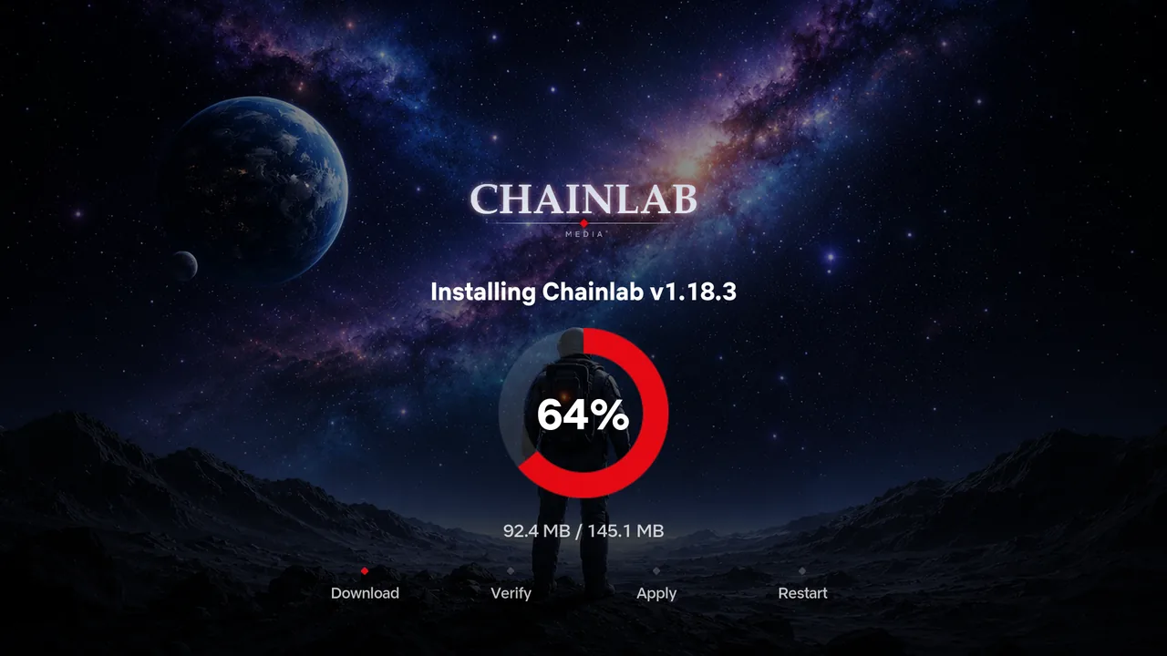 The full-screen install screen showing a progress ring and the four stages: Download, Verify, Apply, Restart.