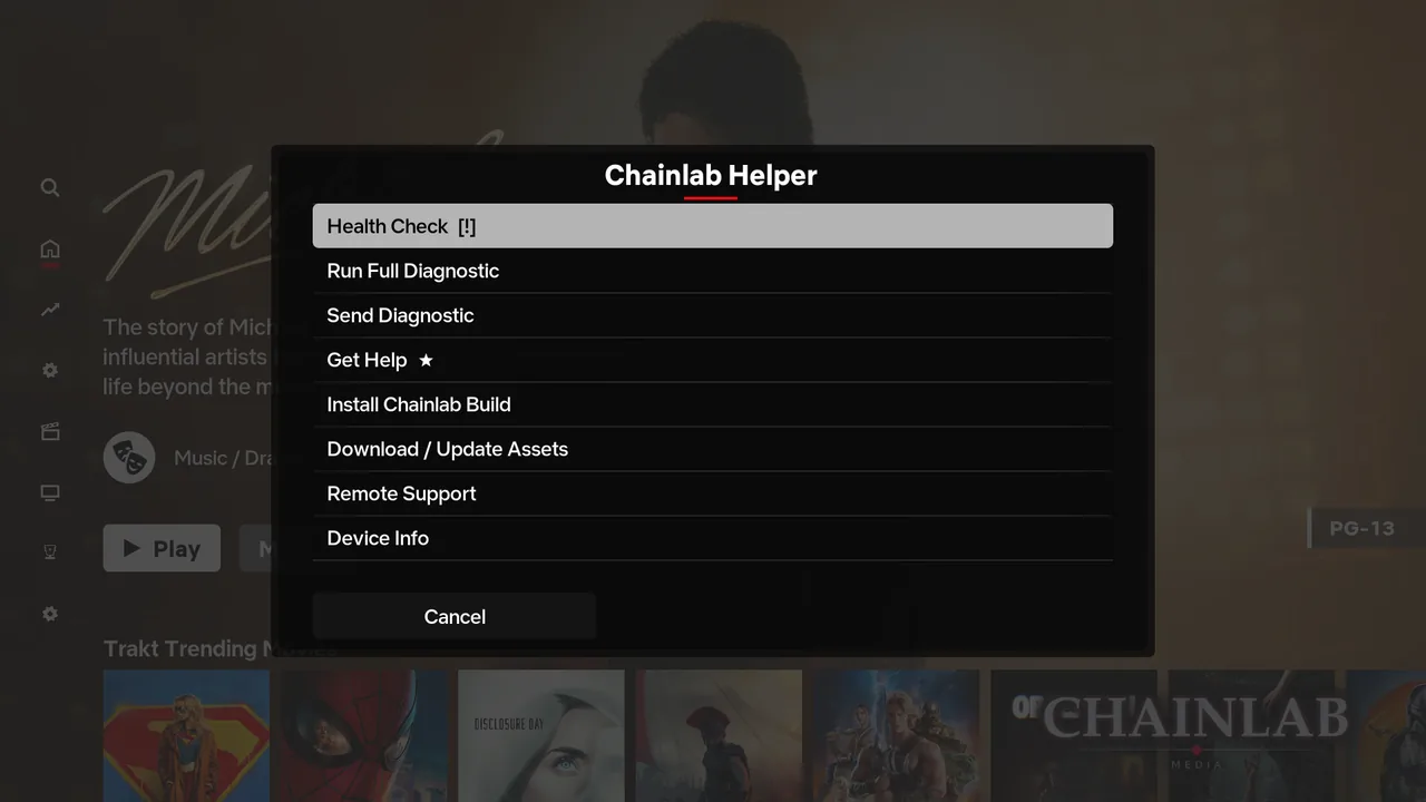 The Chainlab Helper menu showing Health Check, Run Full Diagnostic, Send Diagnostic, Get Help and more.