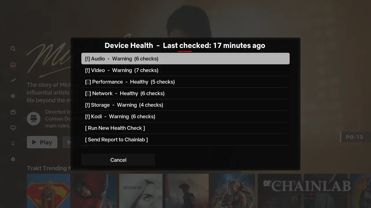 The Device Health results screen listing Audio, Video, Performance, Network, Storage and Kodi, each with a status and a number of checks.