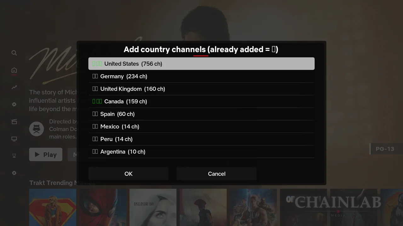 The Add country channels list, showing each available country with how many channels it has.