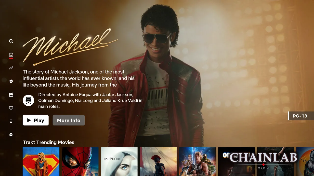 The Chainlab home screen on a TV, showing a featured title with Play and More Info and rows of poster artwork